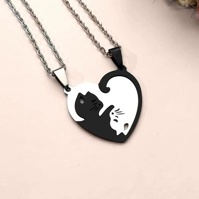 1Pair Stainless Steel Cute Cat Puzzle Pendant Necklaces for Couple Friends Charms Chains Lover Friendship Choker Jewelry Gifts