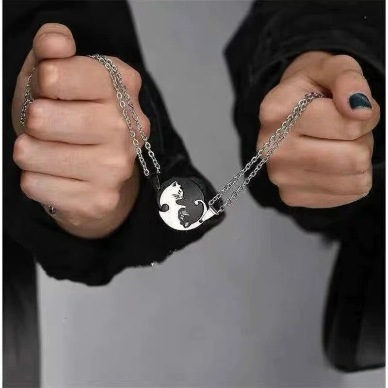1Pair Stainless Steel Cute Cat Puzzle Pendant Necklaces for Couple Friends Charms Chains Lover Friendship Choker Jewelry Gifts