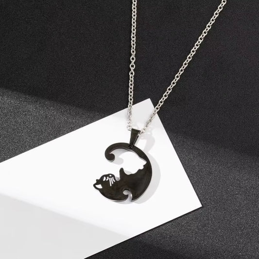 1Pair Stainless Steel Cute Cat Puzzle Pendant Necklaces for Couple Friends Charms Chains Lover Friendship Choker Jewelry Gifts