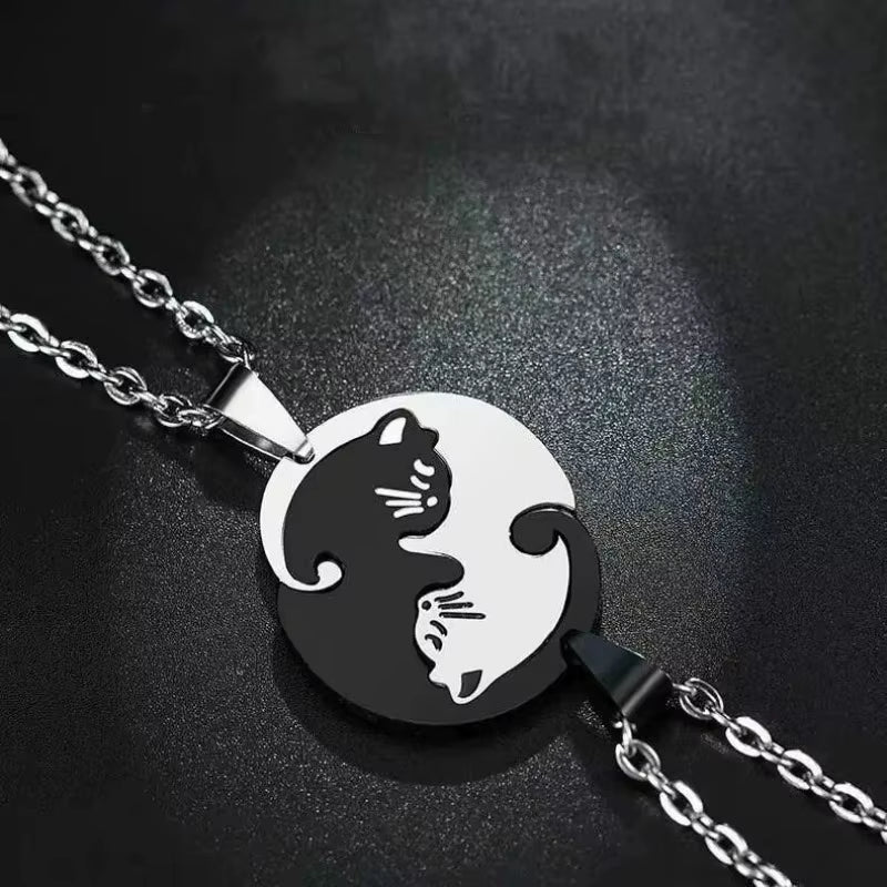 1Pair Stainless Steel Cute Cat Puzzle Pendant Necklaces for Couple Friends Charms Chains Lover Friendship Choker Jewelry Gifts