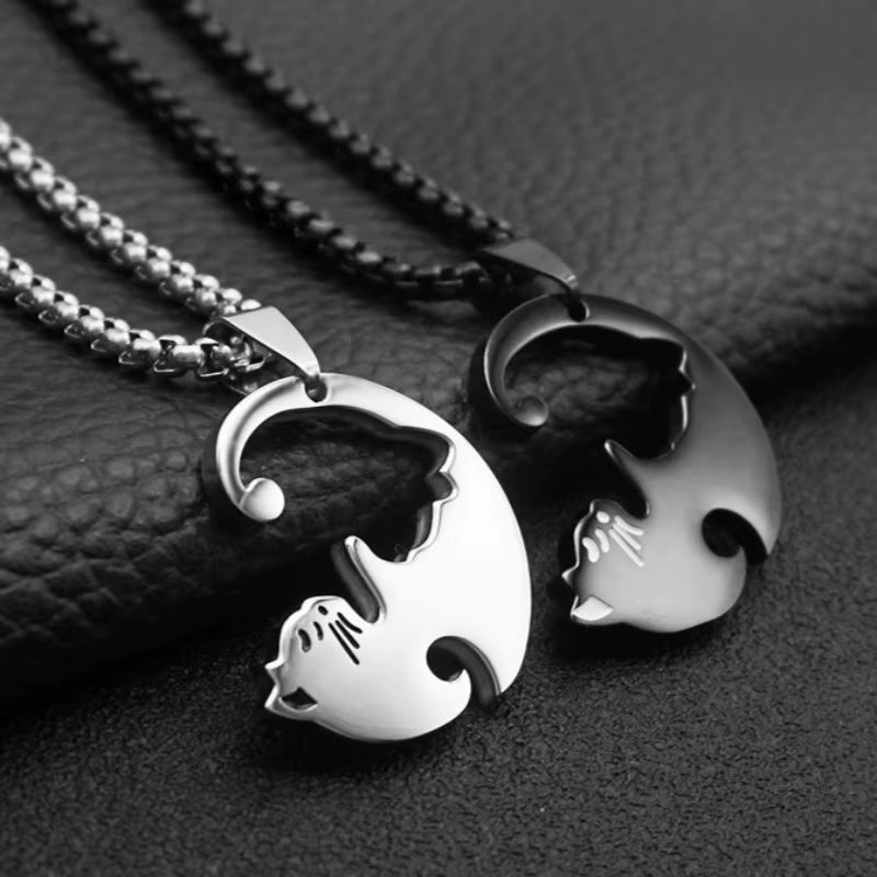 1Pair Stainless Steel Cute Cat Puzzle Pendant Necklaces for Couple Friends Charms Chains Lover Friendship Choker Jewelry Gifts