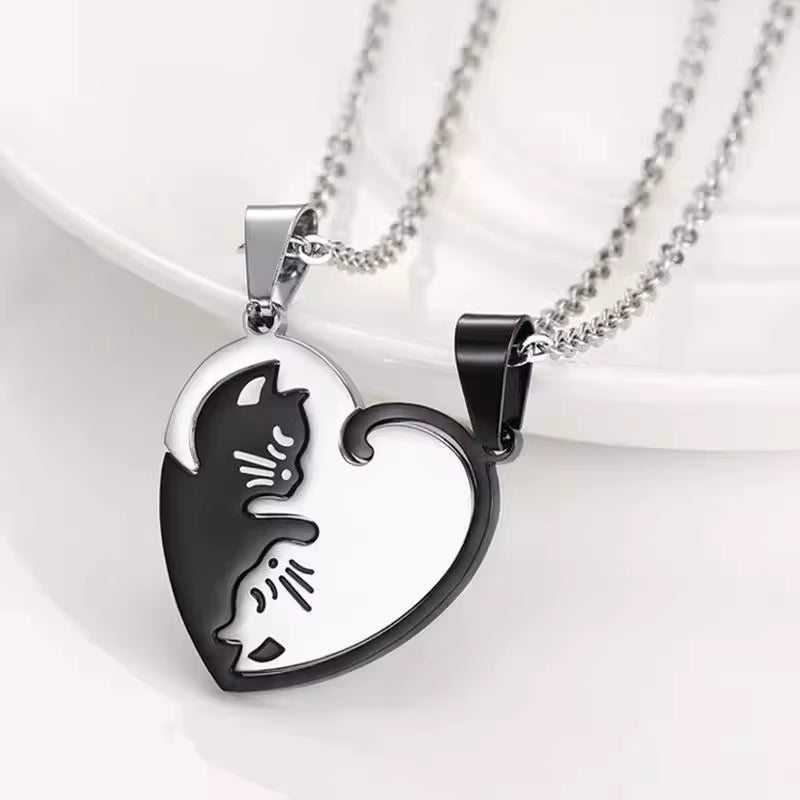 1Pair Stainless Steel Cute Cat Puzzle Pendant Necklaces for Couple Friends Charms Chains Lover Friendship Choker Jewelry Gifts