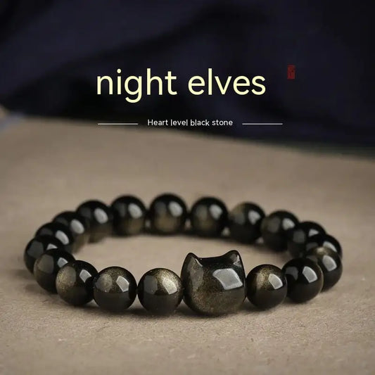 Obsidian Bracelet with Gold and Silver Cat Head