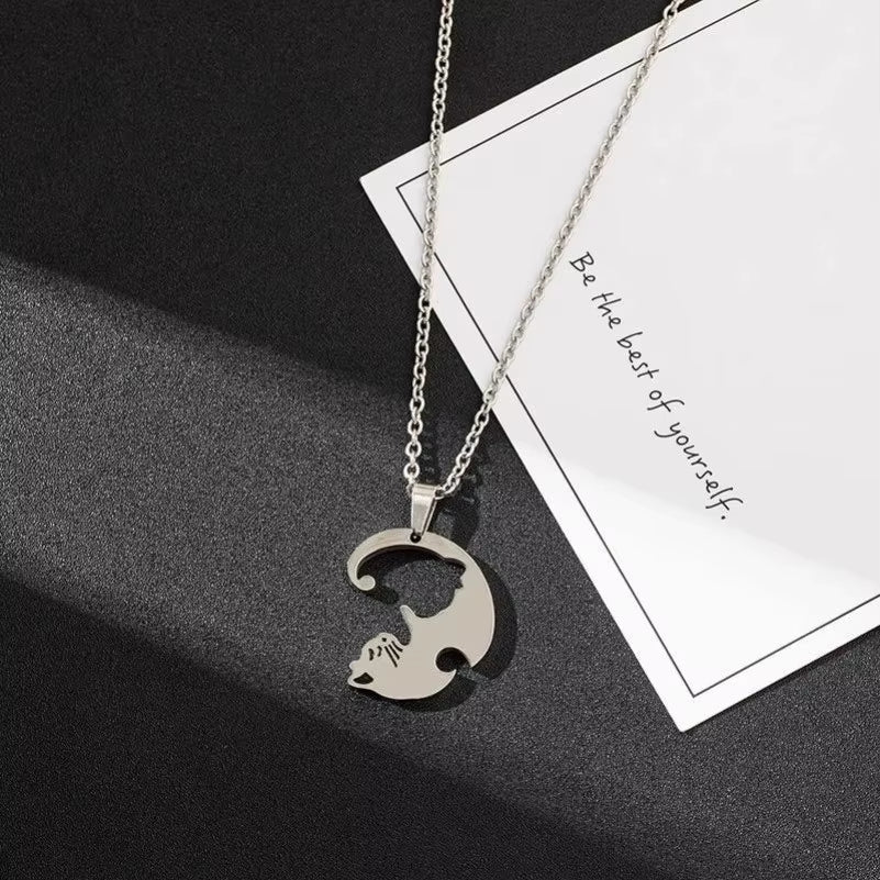 1Pair Stainless Steel Cute Cat Puzzle Pendant Necklaces for Couple Friends Charms Chains Lover Friendship Choker Jewelry Gifts