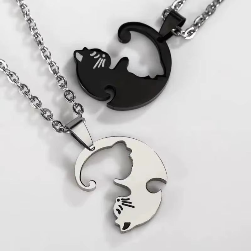 1Pair Stainless Steel Cute Cat Puzzle Pendant Necklaces for Couple Friends Charms Chains Lover Friendship Choker Jewelry Gifts