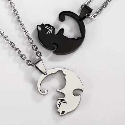 1Pair Stainless Steel Cute Cat Puzzle Pendant Necklaces for Couple Friends Charms Chains Lover Friendship Choker Jewelry Gifts